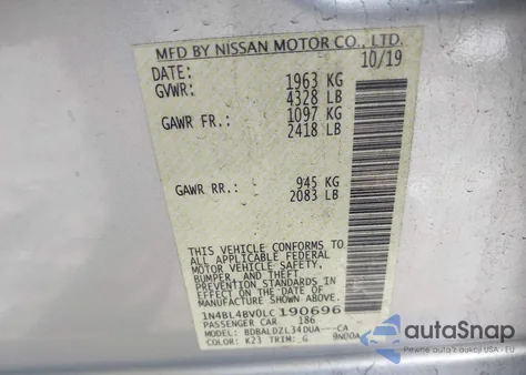 2020 Nissan Altima S Fwd из США, поврежденный, VIN 1N4BL4BV0LC190696